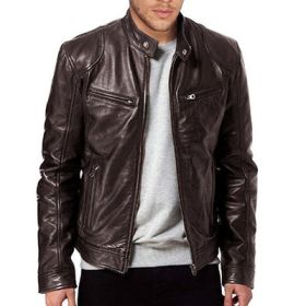 PU Leather Jacket Slim Leather Jacket (Option: Brown-S)