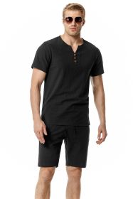 Men's 2 Pieces Cotton Linen Set Henley Shirt Short Sleeve and Casual Beach Shorts Summer Yoga Outfits (Color: BLACK, size: XL)