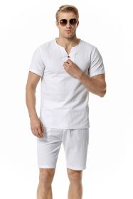 Men's 2 Pieces Cotton Linen Set Henley Shirt Short Sleeve and Casual Beach Shorts Summer Yoga Outfits (Color: White, size: XXL)