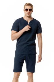 Men's 2 Pieces Cotton Linen Set Henley Shirt Short Sleeve and Casual Beach Shorts Summer Yoga Outfits (Color: Navy Blue, size: S)