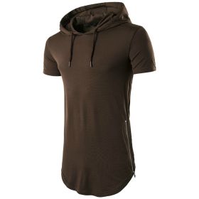 Mens Hipster Hip Hop Long Drop Tail Hoodie Side Zipper T Shirt Longline Pullover Shirts (Color: Coffee, size: XL)