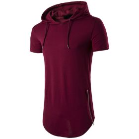Mens Hipster Hip Hop Long Drop Tail Hoodie Side Zipper T Shirt Longline Pullover Shirts (Color: Dark Red, size: XL)