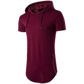 Mens Hipster Hip Hop Long Drop Tail Hoodie Side Zipper T Shirt Longline Pullover Shirts (Color: Dark Red, size: L)