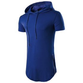 Mens Hipster Hip Hop Long Drop Tail Hoodie Side Zipper T Shirt Longline Pullover Shirts (Color: Blue, size: S)