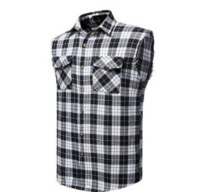 Mens Sleeveless Plaid Shirt Flannel Button Down Shirts (Color: BLACK, size: L)