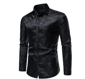 Men's Rose Printed Long Sleeve Dress Button Down Shirts (Color: BLACK, size: M)