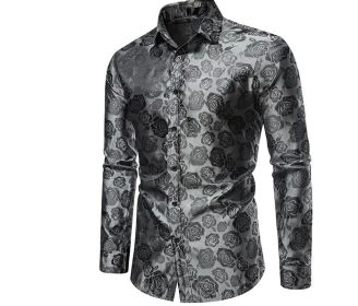 Men's Rose Printed Long Sleeve Dress Button Down Shirts (Color: Gray, size: S)