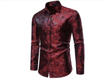 Men's Rose Printed Long Sleeve Dress Button Down Shirts (Color: Red, size: XL)