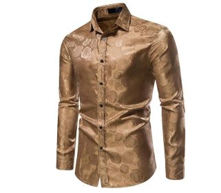 Men's Rose Printed Long Sleeve Dress Button Down Shirts (Color: Gold, size: M)