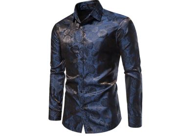 Men's Rose Printed Long Sleeve Dress Button Down Shirts (Color: Blue, size: M)