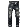 Men Jeans Ripped Slim Straight Fit Biker Jeans With Zipper Deco