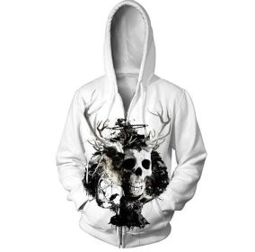 Men's Skeleton Hoodies Zipper 3D Printing Hooded Skull Sweatshirts Jacket with Two Pockets (Color: White, size: 2XL)