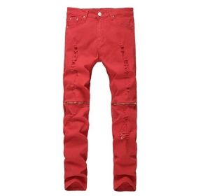 Mens Jeans Ripped Skinny Distressed Destroyed Straight Fit Zipper Jeans with Holes (Color: 4, size: 32)