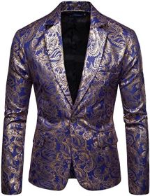 Men's Paisley Tuxedo Jackets Slim Fit Blazers Jacket One Button Stylish Wedding Party Dress Suit (Color: BLUE-XL)