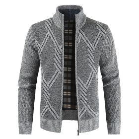 Men's Casual Plush Stand-up Collar Geometric Pattern Knitted Cardigan Jacket (Color: Light Grey, size: L)