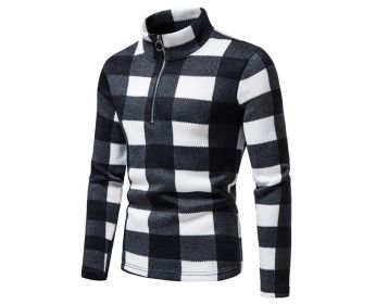 Men's Zipper Plaid Stand Collar Pullover Sweater (Color: BLACK, size: L)