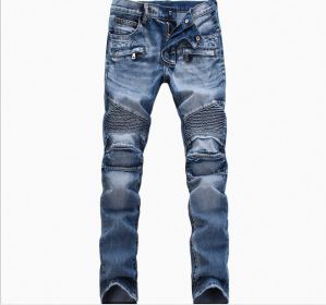 Men Ripped Slim Straight fit Biker Jeans With Zipper Deco (Color: Blue, size: 29)