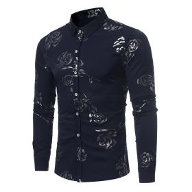 Mens Casual Shirts Gold Rose Printed Slim Fit Long Sleeve Dress Shirts/Prom Performing Shirts (Color: Navy, size: S)