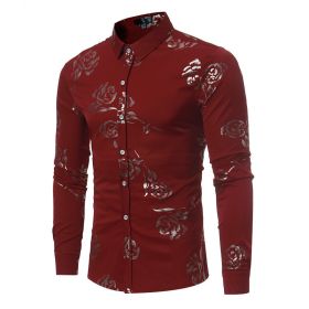 Mens Casual Shirts Gold Rose Printed Slim Fit Long Sleeve Dress Shirts/Prom Performing Shirts (Color: Red, size: XL)