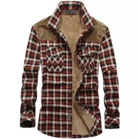 Men's Casual Long Sleeve Fleece Sherpa Flannel Plaid Shirt (Color: Red, size: XL)