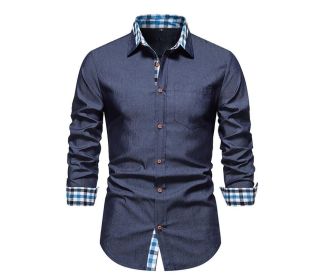 Mens Long Sleeve Button Down Shirts (Color: Navy, size: L)