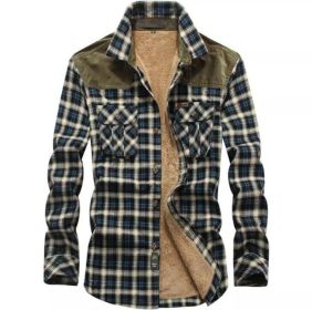 Men's Casual Long Sleeve Fleece Sherpa Flannel Plaid Shirt (Color: Green, size: XS)