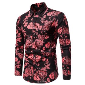 Men's Floral Shirt Long Sleeve Casual Button Down Shirt Slim Fit Flower Dress Shirt (Color: BLACK, size: S)