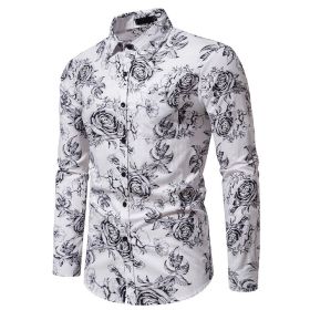 Men's Floral Shirt Long Sleeve Casual Button Down Shirt Slim Fit Flower Dress Shirt (Color: White, size: XL)