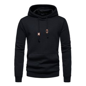 Mens Hooded Sweatshirt Casual Long Sleeve Drawstring Waffle Knit Pullover Hoodies (Color: BLACK, size: L)