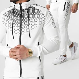 Autumn and winter zippered sportswear men's hooded coat electronic honeycomb casual suit (Color: White, size: XXL)