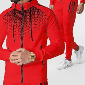 Autumn and winter zippered sportswear men's hooded coat electronic honeycomb casual suit (Color: Red, size: XXL)