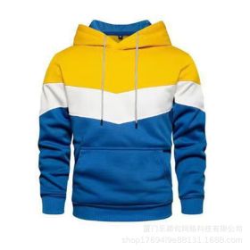 New men's fleece sweater splicing Hoodie autumn winter leisure sports sweater Plush casual coat (Color: Yellow, size: 3XL)