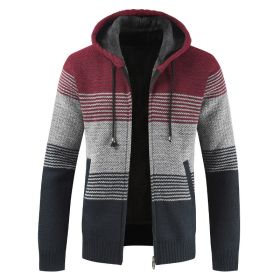 Men's Thickened Fleece Knitted Hooded Sweater Coat (Color: Red, size: L)
