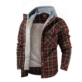 Men Warm Jacket Fleece Lining Lumberjack Plaid Hooded Jackets Snap Button (Color: Coffee, size: USA S)