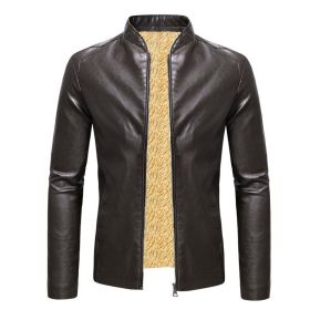 Winter Fleece Leather Jacket Men PU Faux Warm Suede Fashion Stand Collar Casual Solid Motorcycle Leather Jackets Coat Men (Color: Coffee, size: XL)