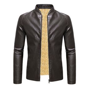 Winter Fleece Leather Jacket Men PU Faux Warm Suede Fashion Stand Collar Casual Solid Motorcycle Leather Jackets Coat Men (Color: Coffee, size: XXL)