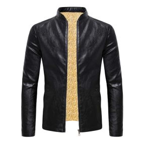 Winter Fleece Leather Jacket Men PU Faux Warm Suede Fashion Stand Collar Casual Solid Motorcycle Leather Jackets Coat Men (Color: BLACK, size: 4XL)