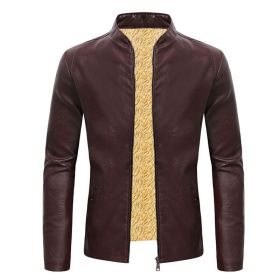Winter Fleece Leather Jacket Men PU Faux Warm Suede Fashion Stand Collar Casual Solid Motorcycle Leather Jackets Coat Men (Color: Burgundy, size: XXXL)