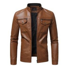 Men's Autumn Fashion Trend Coats Male Slim Motorcycle Leather Jacket PU Leather Jacket (Color: Brown, size: Asia 2XL 70-75kg)