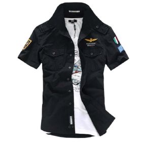 Mens Short Sleeve Military Style Shirt (Color: BLACK, size: S)