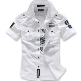 Mens Short Sleeve Military Style Shirt (Color: White, size: L)