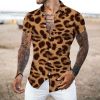 European and American New Men's Casual Shirts Short Sleeve 3D Digital Printing Leopard Print Men's Shirts