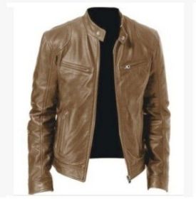 PU Leather Jacket Slim Leather Jacket (Option: Khaki-S)